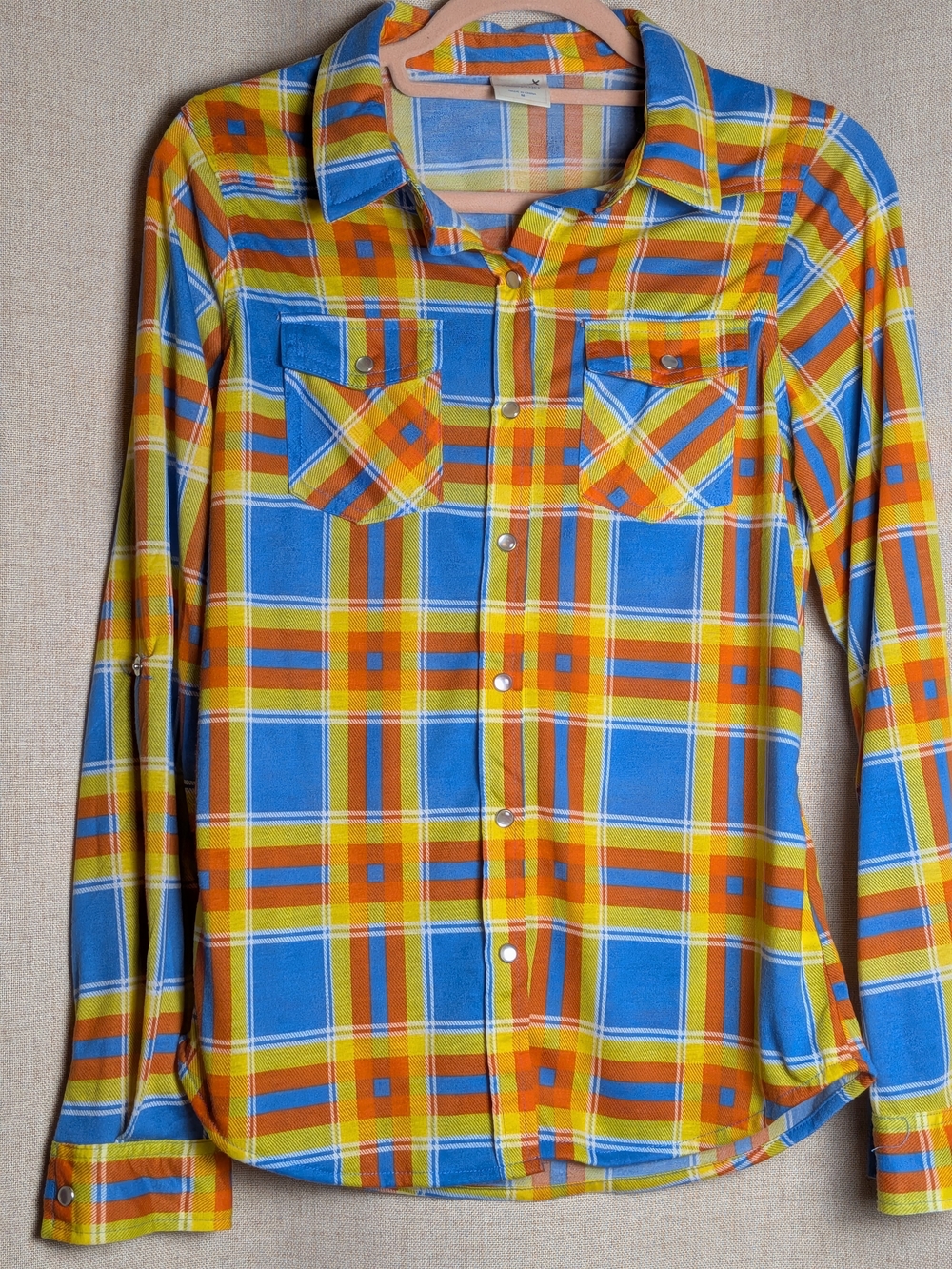Passport Medium Bright Plaid Pearl Snap Western Shirt Roll Tab Sleeves